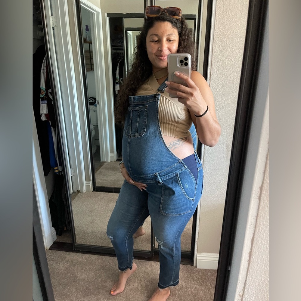 Indigo Blue Women's Distressed maternity Denim Overalls